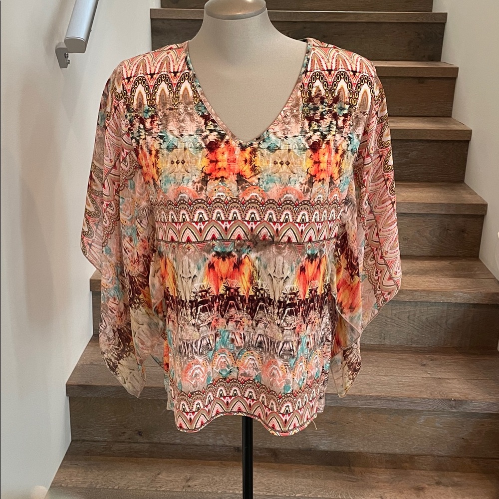Boho Orange and Blue Butterfly Sleeve Blouse with Relaxed Fit